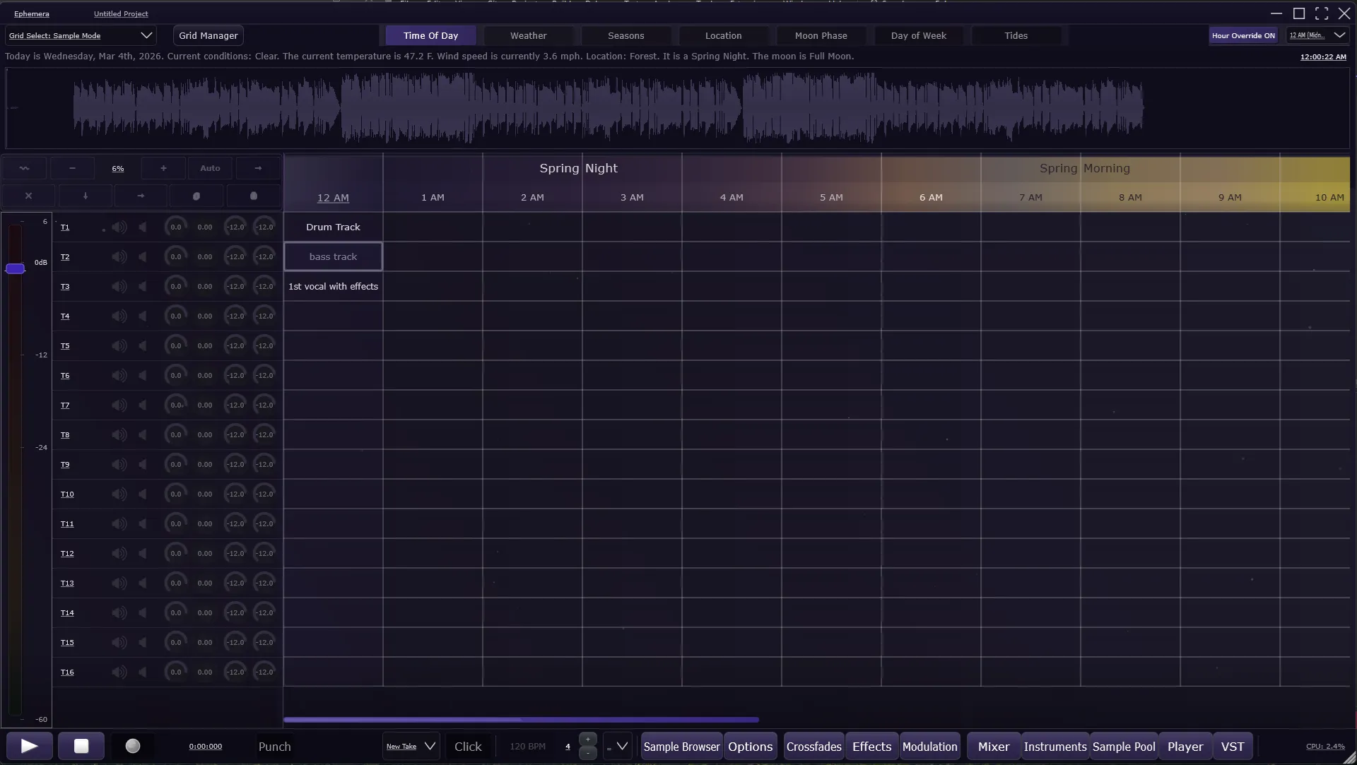 Ephemera desktop DAW: tracks arranged across the hours of the day